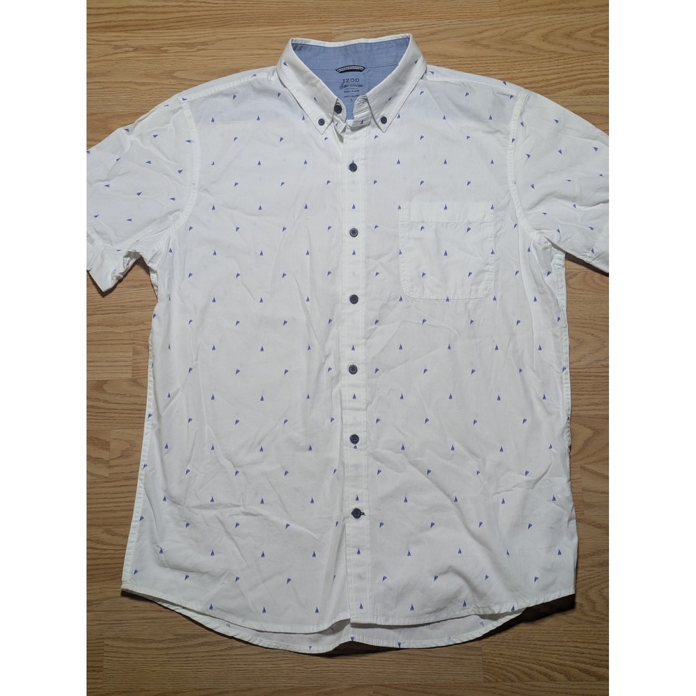 IZOD Mens Saltwater Short Sleeve Button Down Sailboat Print White Large
